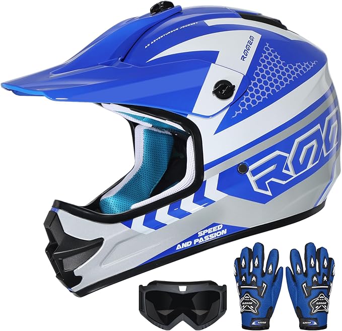 Youth Dirt Bike Helmet DOT Certified - Full Face Motorcycle Helmet for Off-Road, ATV, Street Riding, Includes Adjustable Goggles & Protective Gloves