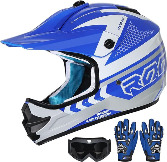 Youth Dirt Bike Helmet DOT Certified - Full Face Motorcycle Helmet for Off-Road, ATV, Street Riding, Includes Adjustable Goggles & Protective Gloves