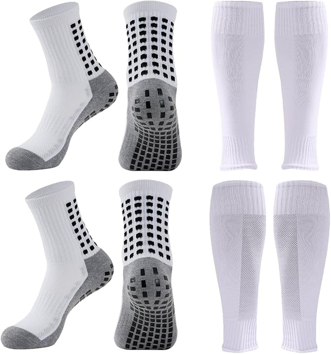 2 Set Anti-Slip Grip Soccer Socks with Shin Guard Sleeves, Sports Athletic Socks for Men Women