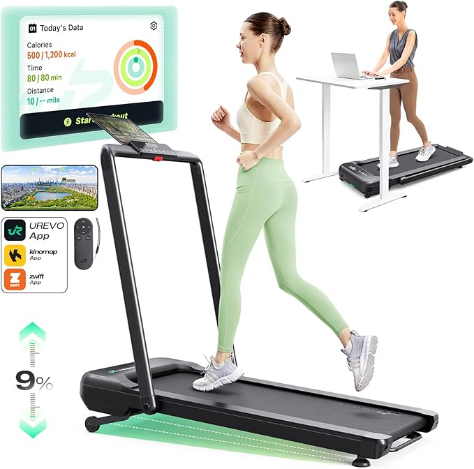 Smart Treadmill with 9% Auto Incline, Hiking and Running Walking Pad Treadmills for Home Office, Treadmill with UREVO APP, AI Powered Music Course, HIIT Programs Synced to Scenic Route, One-Click Mute