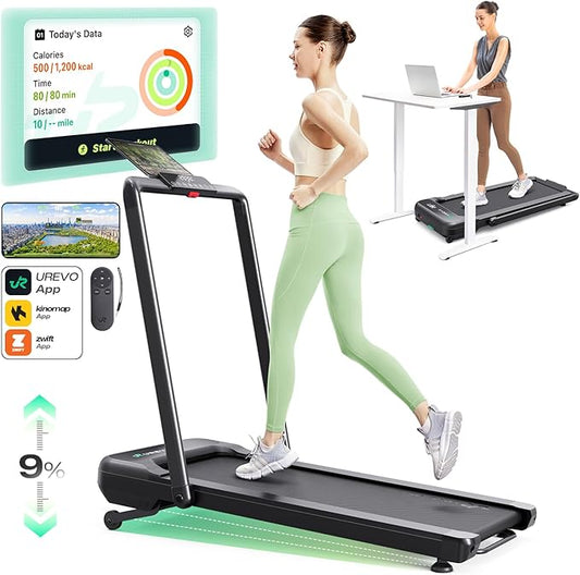 Smart Treadmill with 9% Auto Incline, Hiking and Running Walking Pad Treadmills for Home Office, Treadmill with UREVO APP, AI Powered Music Course, HIIT Programs Synced to Scenic Route, One-Click Mute