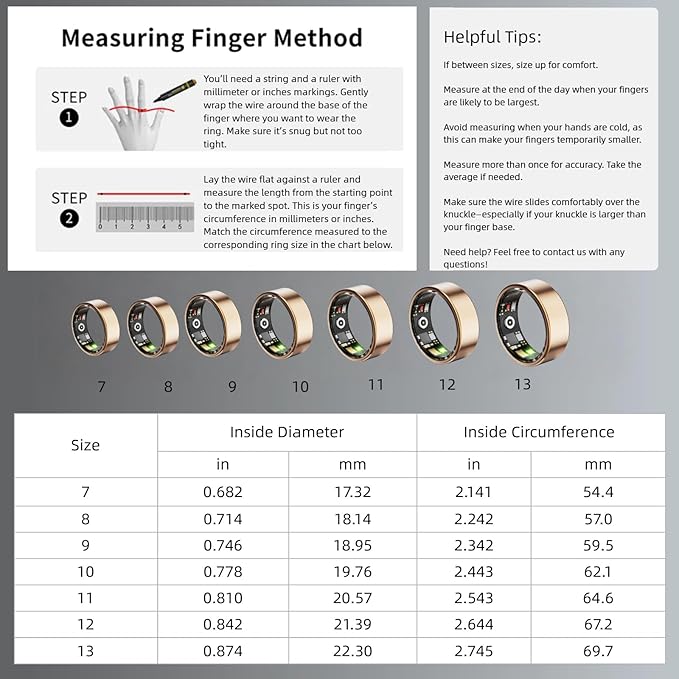 Smart Wellness Ring, Stylish Fitness Tracker with Heart Rate, Blood Oxygen, Blood Pressure, Sleep & Step Monitor. IP68 Waterproof, No Subscription, iOS & Android Compatible (Gold, 7)