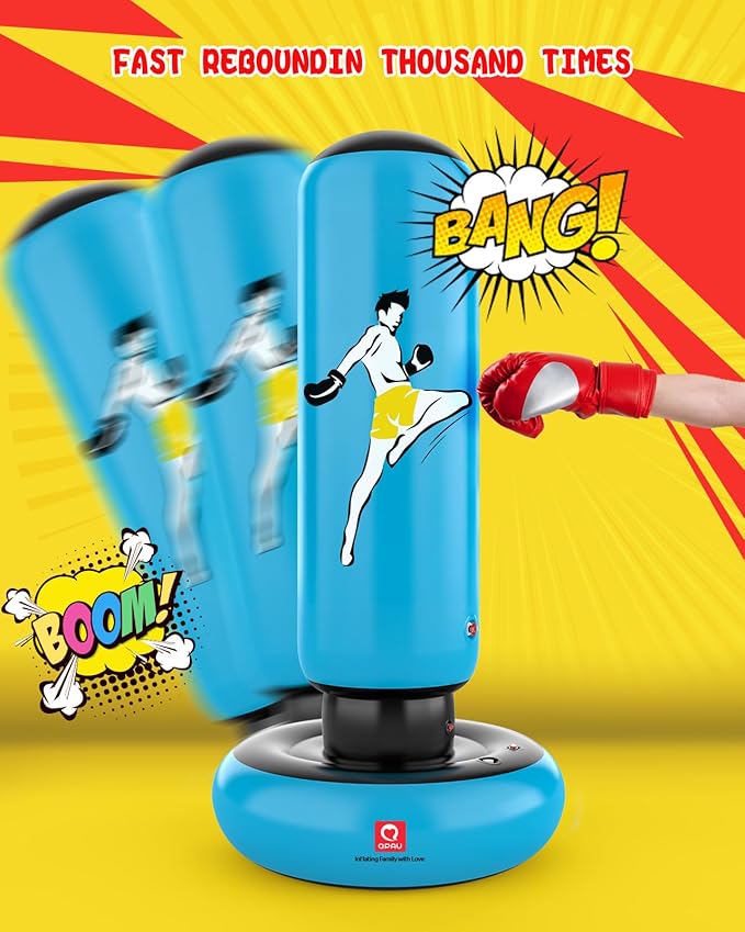 QPAU Kids Punching Bag Toy with Boxing Gloves, 66 Inch Larger Stable Kids Inflatable Boxing Bag Set, Gifts for Boys & Girls Age 6-12, for Practicing Karate, Taekwondo, MMA