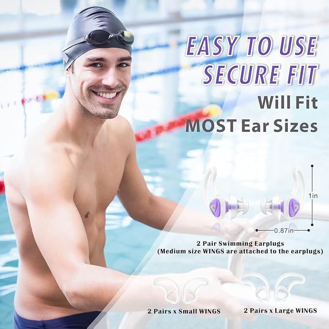 Hearprotek [2 Pairs] Swimmer Ear Plugs, Custom-fit Water Protection Adult Swimming earplugs for Swimmers Pool Shower Bathing and Other Water Sports (Purple)