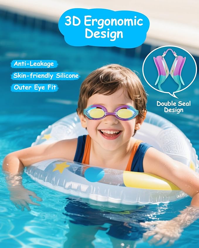Kids Swim Goggles, Anti-fog and UV Protection with Swim Cap for Age 3-15 Youth Boys Girls Toddler