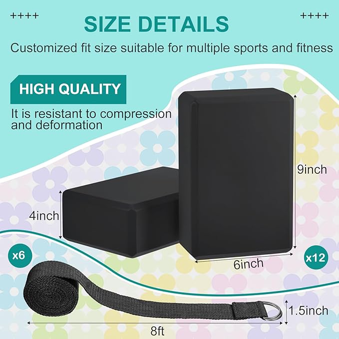 Meooeck 18 Pcs Yoga Block and Strap Set 9 x 6 x 3 Inch EVA Foam Non Slip Brick 8 ft Yoga Straps for Stretching D Ring Design for Back to School Pilates Fitness Workout Exercise