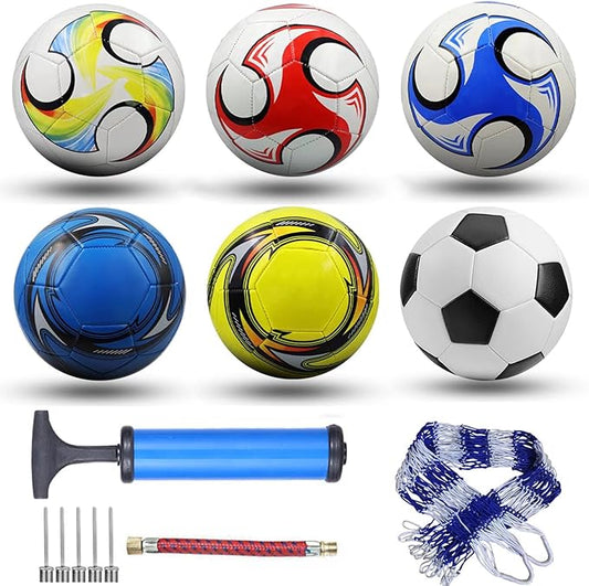 6 Pack Classic Soccer Balls Size 5 With Pump and Net Bag - Training and Practice for Kids and Adults, Indoor and Outdoor Competition