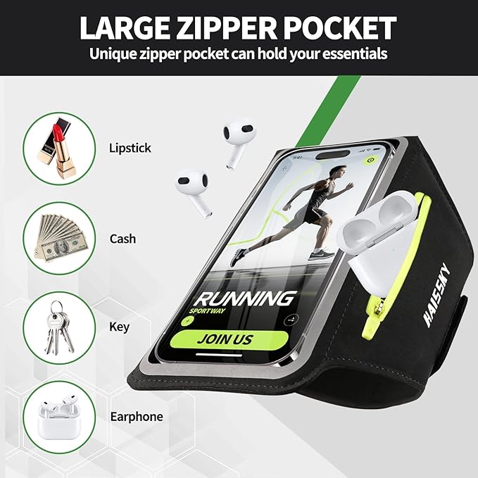 Running Armband with Earphone Bag for iPhone 16/15/14 Max/Pro/Plus & Galaxy S20/S10, Touchscreen Compatible, Phone Holder for Running with Card Slot & Key Pockets, Fit Up to 6.9 Phone
