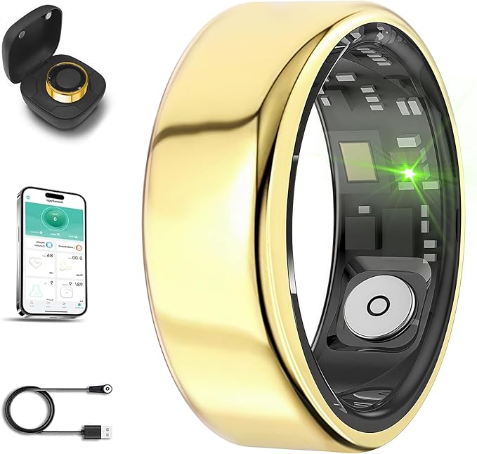 Smart Ring for Men Women with Black Charging Box, Bluetooth, Health Ring , IP68 Waterproof, Fitness Ring Tracks Heart Rate/Sleep/Steps/Sports Activities/Blood Oxygen,non-subscription app (Gold, 11)
