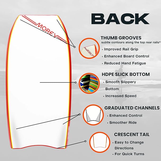 MOREY® Bodyboard Turbo 4 Classic. The Original Body Boards for Beach; Dual Stringer, PE Core, & HDPE for Slick Bottom (2025 Model)