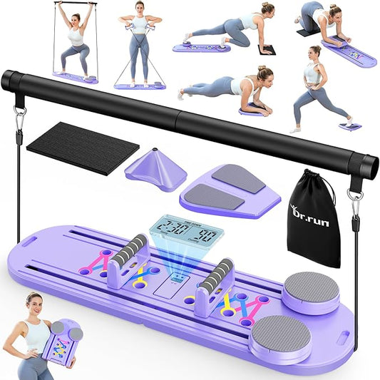 Pilates Board, Pilates Reformer Set, 7 in 1 Multifunctional Pilates Reformer Machine with Timer, Portable Foldable Pilates Board for Home Workout, Pilates Kit with Storage Bag