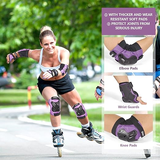 Skating Protective Gear Adult Knee and Elbow Pads Wrist Guards for Roller Skating Skateboarding, Skate Pads Adult Knee Pads for Men Women Purple