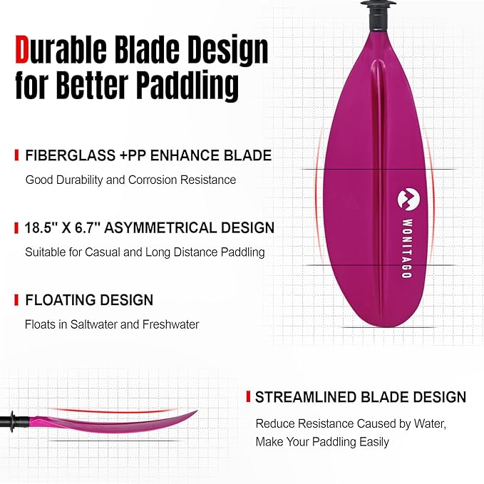 Kayak Paddle with Aluminum Shaft and Reinforced PP Blade, Floating Kayak Oar for Kayaking Canoeing and Boating, 220 cm/86 inches - 230 cm/90 inches
