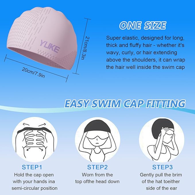 Silicone Swim Cap for Long Hair Adults Women Men, Waterproof Stretchy Swimming Caps, Durable Tear Resistant Bathing Cap