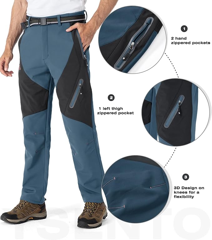 YSENTO Men's Fleece Lined Ski Snow Pants Winter Waterproof Softshell Insulated Hiking Cargo Pants