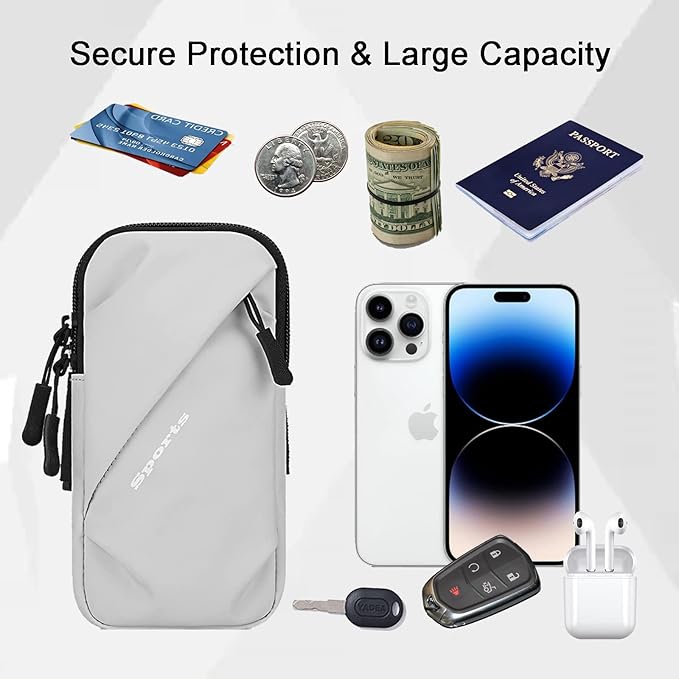 Phone Holder Arm Bands, Small Crossbody Shoulder Holsters Bag with Arm Band, Fits iPhone and All Cell Phones, Use for Running, Walking, Hiking & Biking (Plus Size,Grayish White)