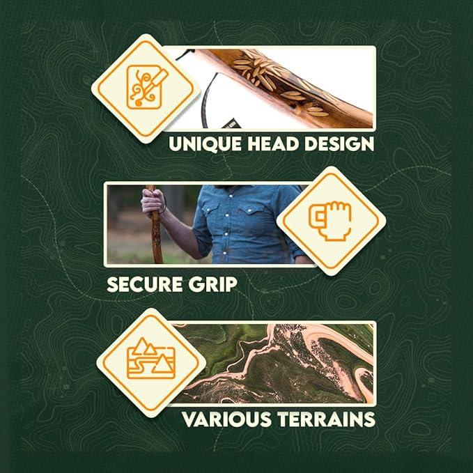 SE Natural Wood Walking Stick with Root Head, Carved Hand Grip, Steel Spike and Metal-Reinforced Tip Cover, 55" - WS631-52RH