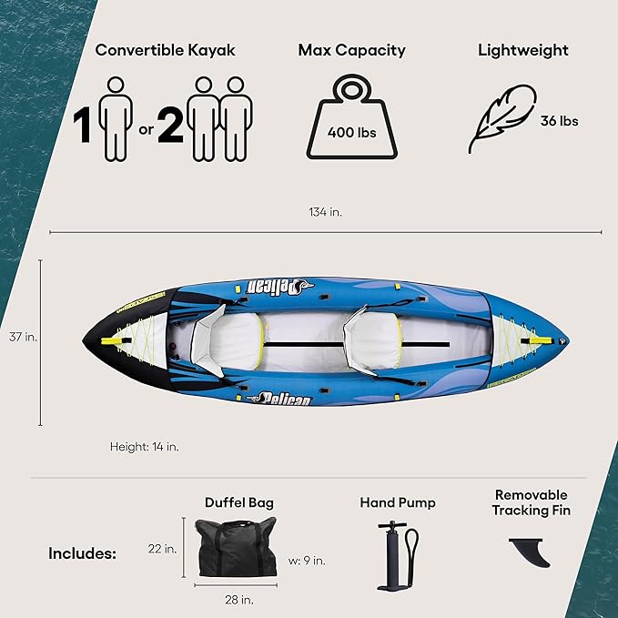 Pelican iESCAPE Inflatable Kayak - Recreational Kayak - Compact, Stable and Fun All in One - for 1 or 2 Person