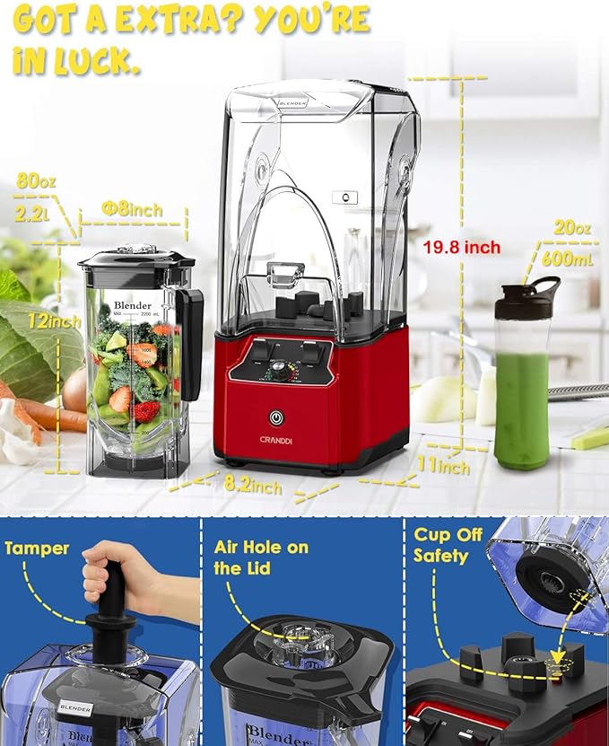 CRANDDI Commercial Quiet Blender, 2200 Watt Professional Countertop Blender with BPA-FREE 80oz Pitcher, Built-in Pulse & 15-speeds Control, Smoothie Blender for Commercial and Home, K90 Red