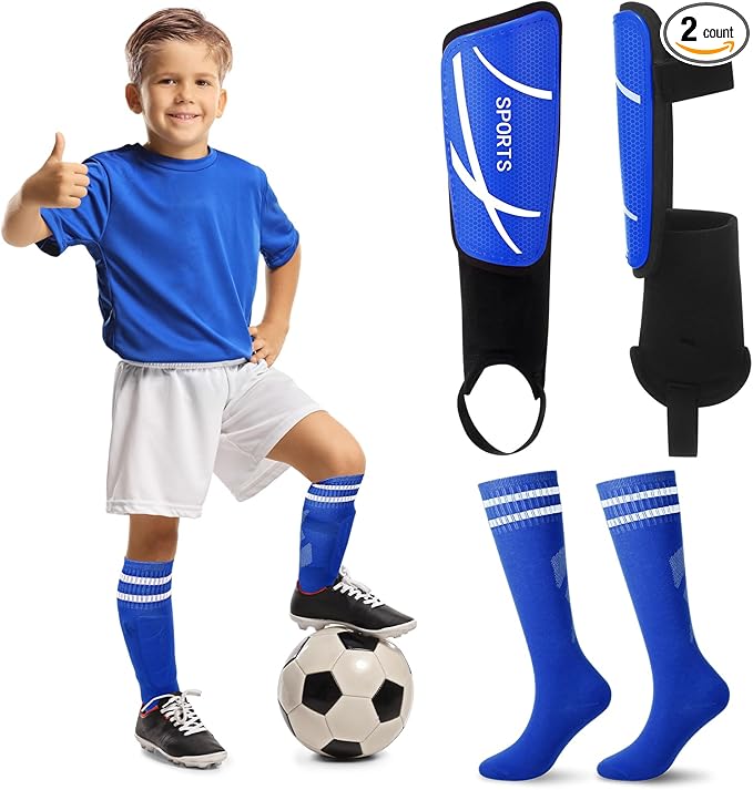 Soccer Shin Guards and Socks Kids Youth Lightweight Soccer Pads Defender with Ankle Protection Ski Shin Guards Football Equipment for Age 4-14 Toddler Boys Girls Teens