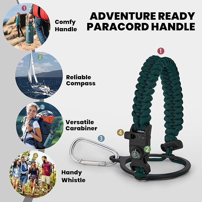 Insulated Water Bottle 87 oz, Triple Wall Vacuum Stainless Steel (Cold for 48 Hrs), Leak Proof & Non-BPA, Modern Water Flask Jug with Paracord Handle & Straw Spout Lids, Dark Green