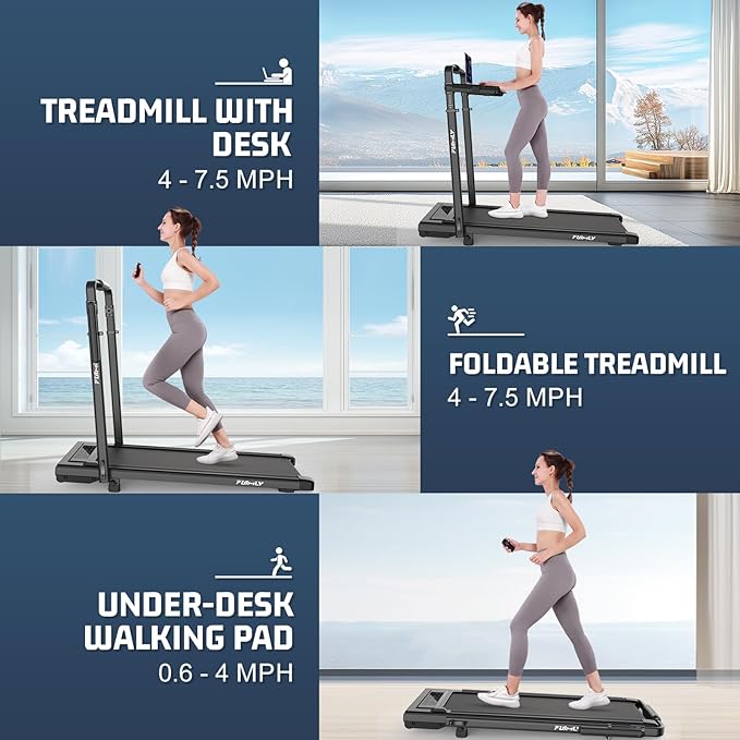 Walking Pad Treadmill with Desk Workstation, 10% Incline Foldable Treadmill with Handrail, 300lbs Capacity, 3 Control Methods, 8 in 1 Folding Treadmills for Home Office