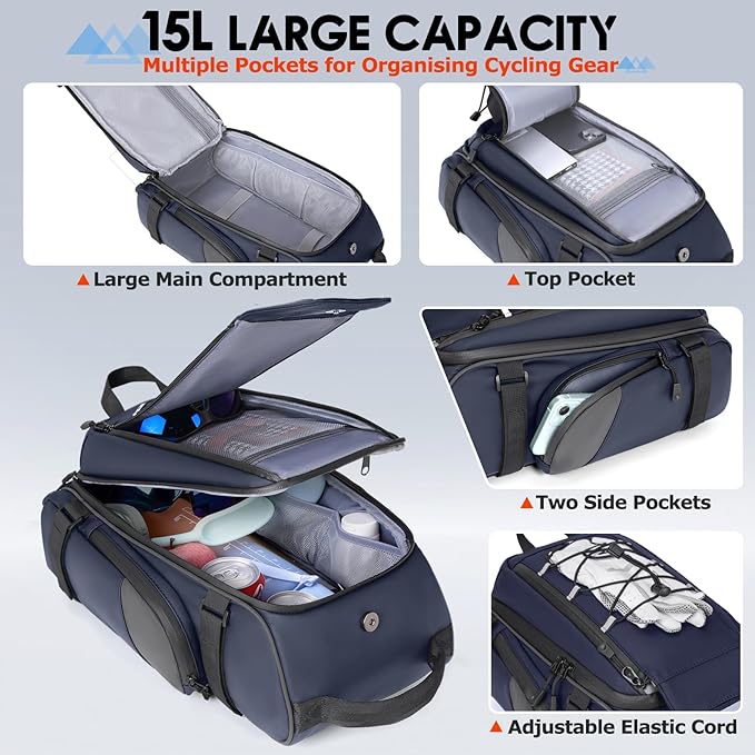RAINSMORE Bike Bags for Bicycle Rear Rack 15L Waterproof Bike Ebike Trunk Pannier Saddle Bag with Rain Cover Bike Accessories Backpack Shoulder Bag for Commuter Travel Outdoor, Blue