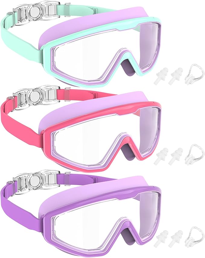 NSSIW Swim Goggles Swimming Kids-Goggles: Anti Fog No Leak with Nose Clip Earplugs for Girls Boys Youth 6-14 3 Pack