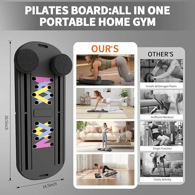 Pilates Reformer Board, 6 in 1 Portable & Foldable Pilates Reformer Set with Resistance Bands, Pilates Board for Home Workout, Multifunctional Abdominal Board