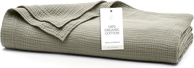 BOLL & BRANCH Dream Bed Blanket - King/Cal King, Sageleaf - Luxury 100% Organic Cotton - Soft, Lightweight and Breathable - Cloud-Like Touch