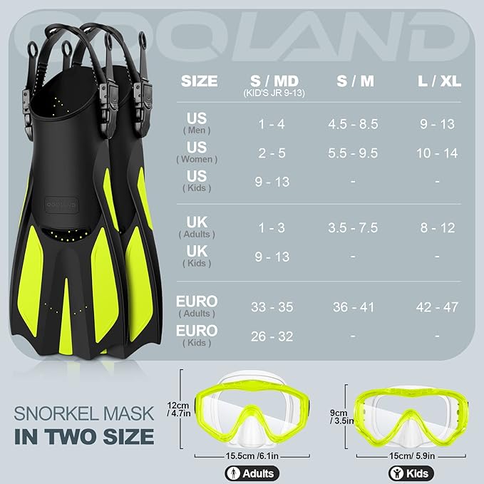 Odoland Kids Snorkeling Packages Snorkel Set, Dry Top Snorkel Mask with Adjustable Swim Fins for Boys and Girls Age 7-14