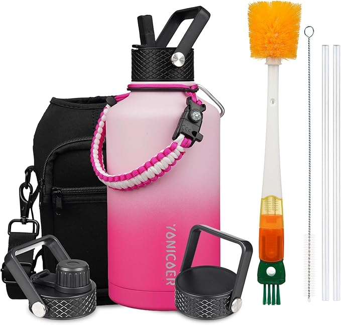 Insulated Water Bottle 64oz,Triple Wall Vacuum Stainless Steel(Dishwasher Safe),Leak Proof & Non-BPA,Flask Jug with Paracord Handle & Straw Spout Lids Sports