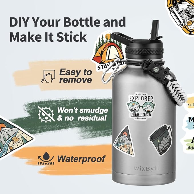 64 oz Insulated Water Bottle with Straw (Cold for 48 Hrs), Half Gallon Stainless Steel Triple Wall Vacuum Sports Water Jug, Leakproof Hydro Cup Flask with Straw Spout Lids & DIY Stickers