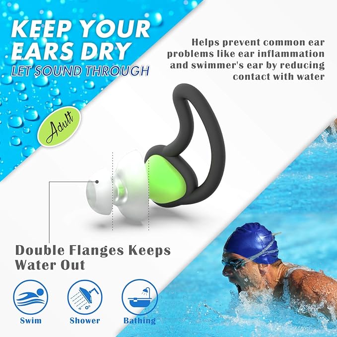 Hearprotek [2 Pairs] Ear Plugs for Swimming,Swim Ear Plugs Adults-Waterproof Silicone Water earplugs for Men Women Juniors Swimmers Pool Shower Bathing (Green)