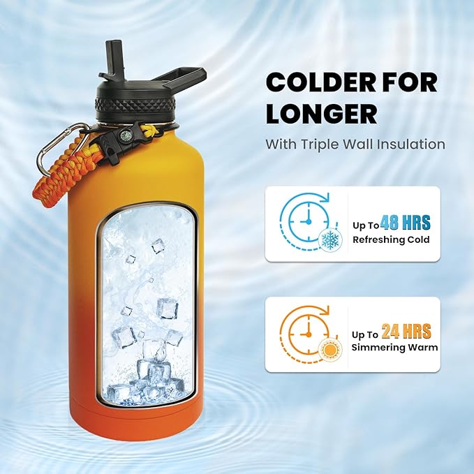 Insulated Water Bottle 87 oz, Triple Wall Vacuum Stainless Steel (Cold for 48 Hrs), Leak Proof & Non-BPA, Modern Water Flask Jug with Paracord Handle & Straw Spout Lids, Ombre Orange