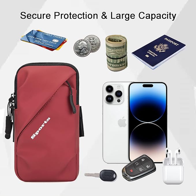 Cell Phone Holder Arm Band, Small Crossbody Shoulder Holsters Bag with Armband, Fits iPhone and All Cell Phones, Use for Running, Walking, Hiking & Biking (Plus Size,Red)