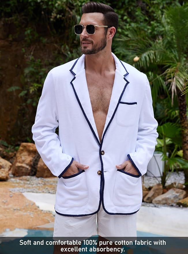 Luxurious Men's Bathrobe, Organic Cotton Terry Towelling Blazer, Leisure Cotton Bath Robe for Pool and beach