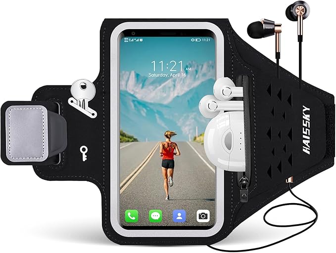 Running Armband with Earphone Bag Cell Phone Armband for iPhone 16 15 Pro 14 Plus 13 11 XR XS, Galaxy S24/S10 Water Resistant Sports Phone Holder Case & Zipper Slot Car Key Holder for 6.9 inch Phone