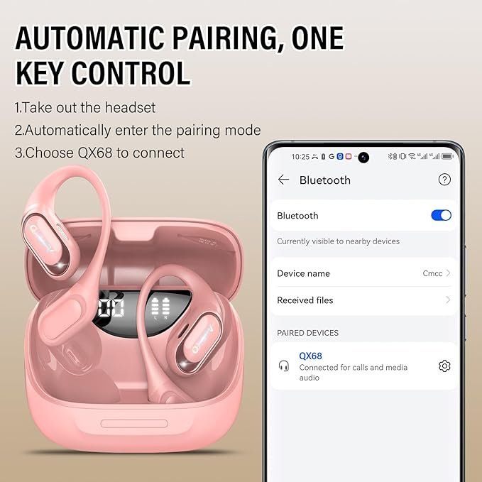 Open Ear Headphones, Bluetooth 5.4 Headphones Sports, Premium Sound with HD Mic Wireless Earbuds, 48H Playtime LED Power Display Ear Buds, IPX7 Lightweight Comfort Earphones for Running, Pink