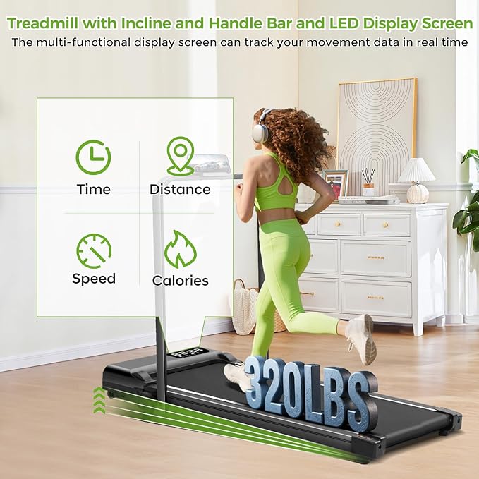 Walking Pad with Incline and Handle Bar, 3.0HP Portable Electric Walking Pads Treadmill with Handles for Home Small Spaces, 0.6-6.2 MPH Compact Small Under The Desk Treadmills Home, 320LBS Capacity