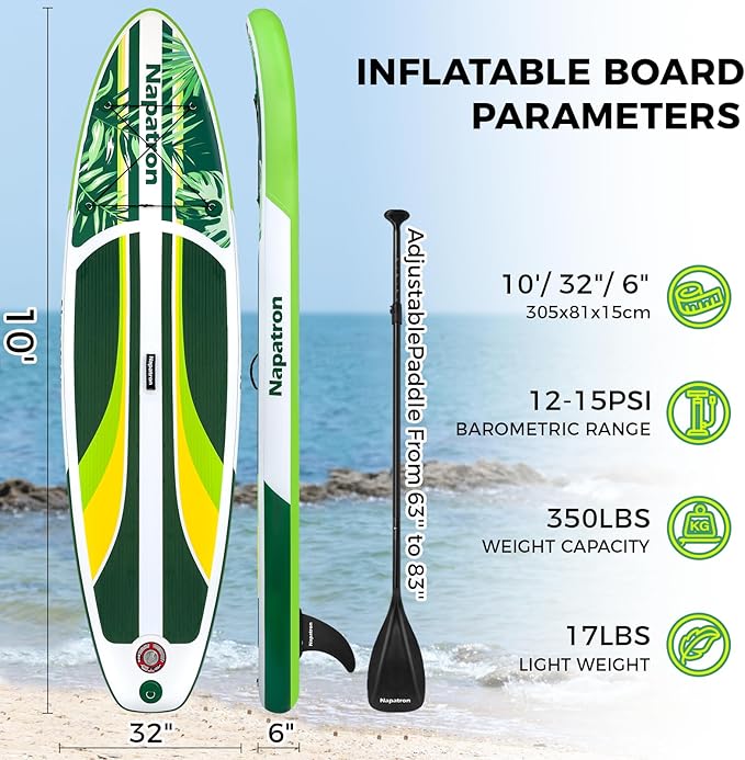 Napatron Family Inflatable Stand Up Paddle Board, Sup,Stable Wide Design,350LBS Capacity,Complete Paddle Board Package with Fast Action Pump,Leash,Ideal for Beginners/Youth & AllSkill Levels
