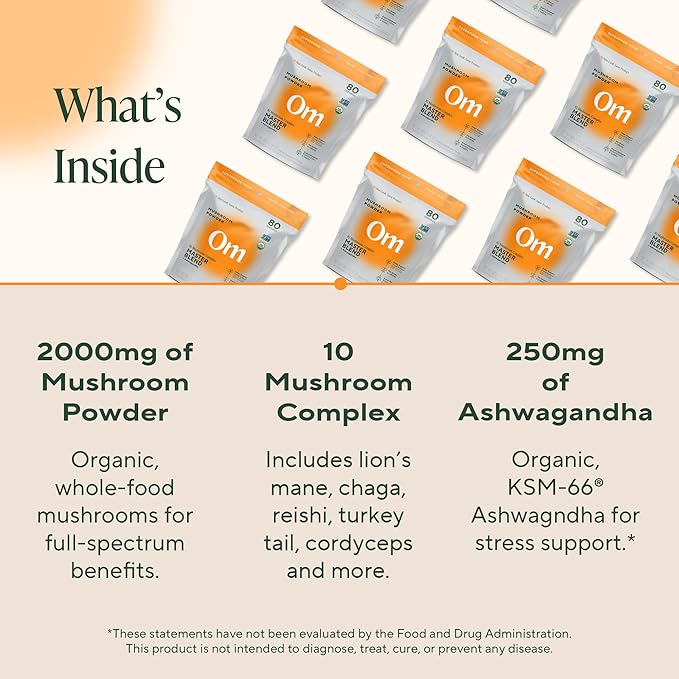 Om Master Blend Mushroom Powder – Organic Mushroom Supplement with 10 Mushrooms and Ashwagandha - Support Immunity, Gut Health & Stress Relief, 6.34 oz (80 Servings)