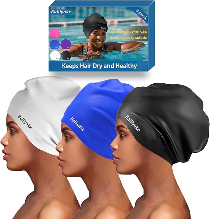 3 Pack Extra Large Swim Cap for Braids & Dreadlocks - Waterproof Silicone Swim Hat for Women with Long Thick Hair, Protective Swim Cap Cover Ears for Swimming, Shower, Bathing
