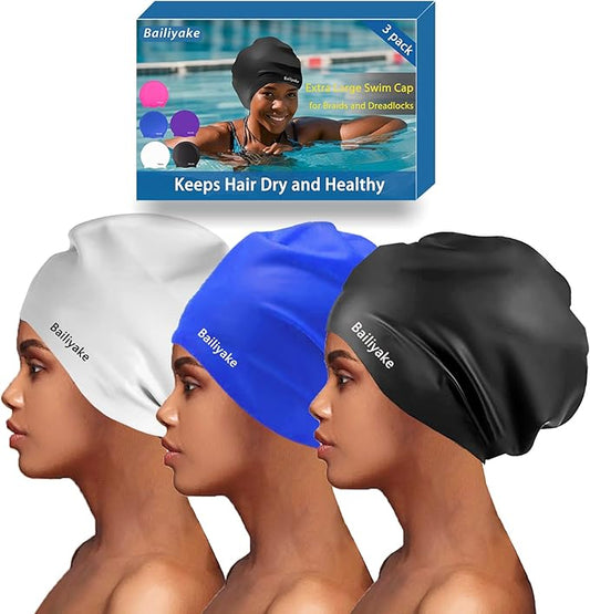 3 Pack Extra Large Swim Cap for Braids & Dreadlocks - Waterproof Silicone Swim Hat for Women with Long Thick Hair, Protective Swim Cap Cover Ears for Swimming, Shower, Bathing