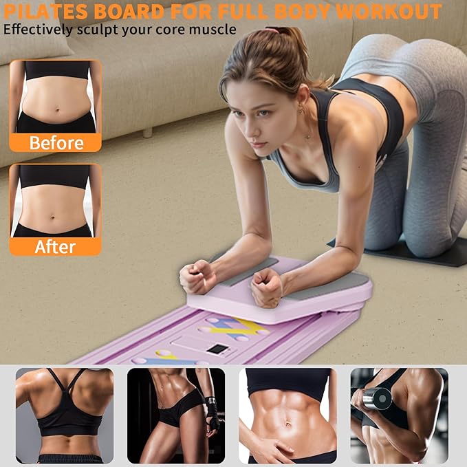 Pilates Reformer Board, 6 in 1 Portable & Foldable Pilates Reformer Set with Resistance Bands, Pilates Board for Home Workout, Multifunctional Abdominal Board