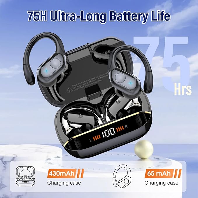 Wireless Earbuds Bluetooth 5.4 Headphones Sports, 75H Stereo Deep Bass Over Ear Buds with Earhooks, Bluetooth Earbuds with 4 ENC Mic, LED Display, IP7 Waterproof Earphone for Running, Black