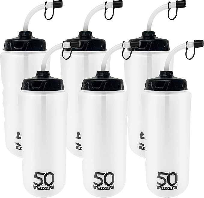 50 Strong 1 Liter BPA-Free Plastic Round Sports Water Bottle with Straw - 6 Pack