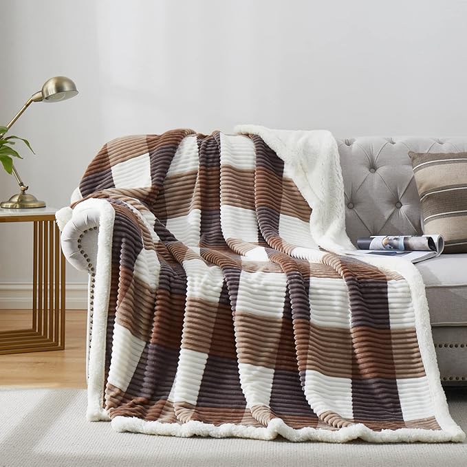PU MEI Sherpa Blanket Full/Queen Plaid Thick Bed Blanket, 90”*80” Super Soft Flannel Fuzzy Fleece Reversible Velvet Plush Warm Blanket for Couch(Beige Check, 80"*90")