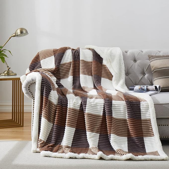 PU MEI Sherpa Blanket Twin Plaid Thick Bed Blanket, 60”*80” Super Soft Flannel Fuzzy Fleece Reversible Velvet Plush Warm Blanket for Couch (Beige Check, 60"*80")