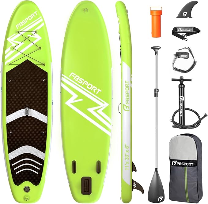 FBSPORT 11' Premium Stand Up Paddle Board, Yoga Board with Durable SUP Accessories & Carry Bag | Wide Stance, Surf Control, Non-Slip Deck, Leash, Paddle and Pump for Youth & Adult